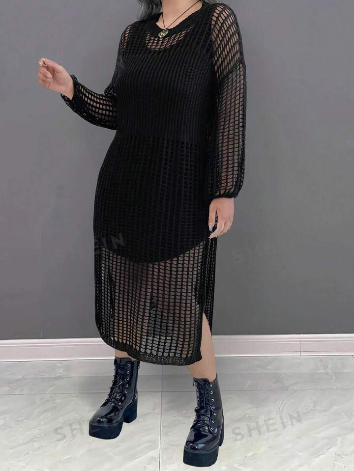 SHEIN LUNE Plus Size Women's Solid Color Concise Daily Wear Hollow Out Sweater Dress | SHEIN