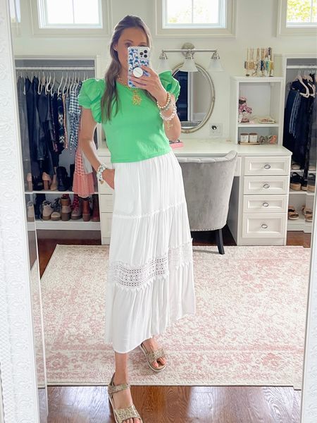 Spring and summer outfit idea with white maxi skirt, perfect for school functions and events for parents 

#LTKSeasonal #LTKunder50 #LTKstyletip