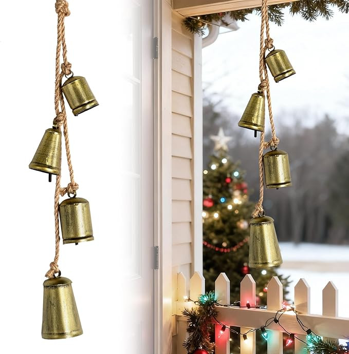 Gold Bells for Christmas Decorations, Decorative 4 Metal Big Cow Bells on Jute Hanging Rope, Chri... | Amazon (US)