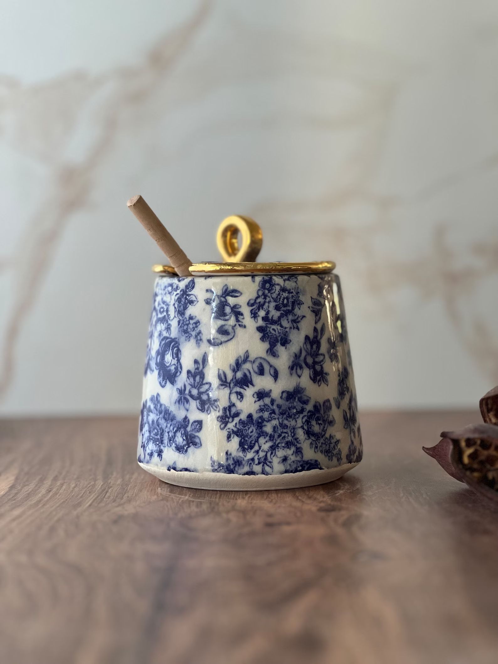 ceramic honey jar with wooden dipper , blue and gold honey pot | Etsy (US)