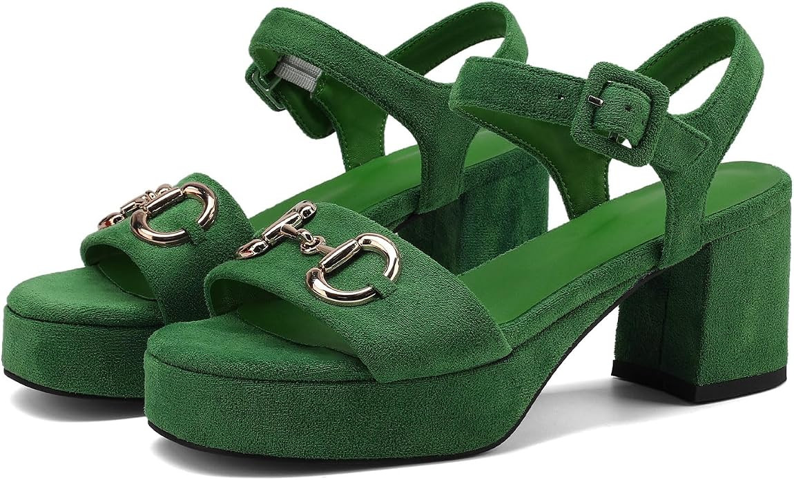 Women's Round Toe Chunky Heel Platform Suede Sandals Open Toe Adjustable Ankle Strap Gold Buckle ... | Amazon (US)