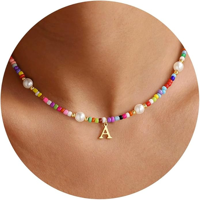 M MOOHAM Colorful Initial Necklaces for Girls - Pearl Beaded Choker Necklace for Women Teen Girl ... | Amazon (US)