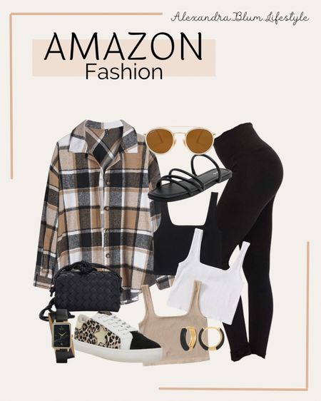 Amazon Fashion outfit idea!! Flannel shirt, 3 pack cropped tank tops, black leggings, black sandals, Star print sneakers, black crossbody purse, black watch, gold and black huggie hoop earrings, sunglasses!! 

#LTKshoecrush #LTKitbag #LTKunder100