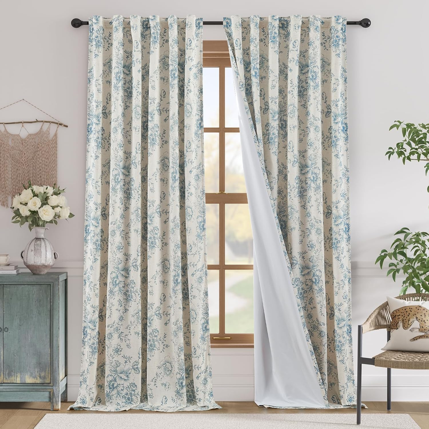 jinchan Blackout Linen Blend Curtains Floral Curtains for Living Room 96 Inch Length Blue Printed... | Amazon (US)