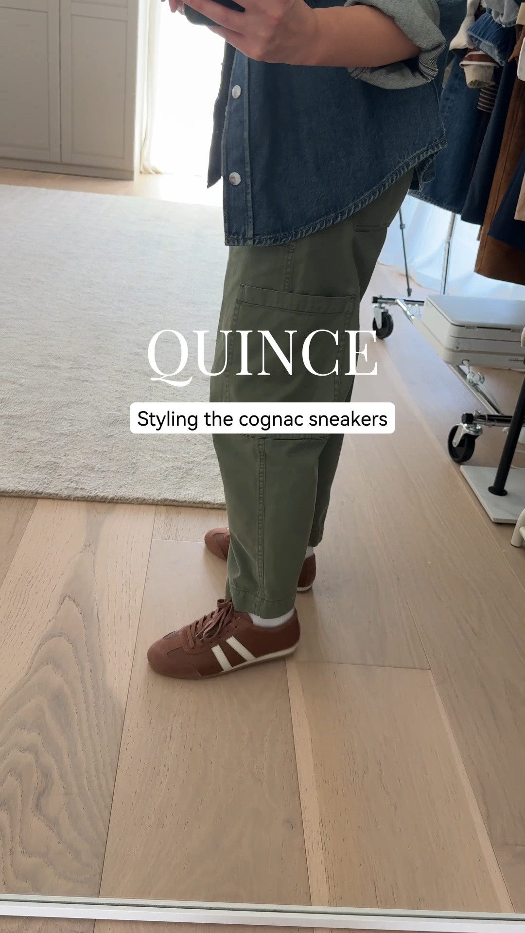 The Quince cognac sneakers styled for fall. Such a good color and they pair so well with this green. I’m in a 6 - size up since they run small.

#LTKmomlife #LTKPetite #LTKOver40