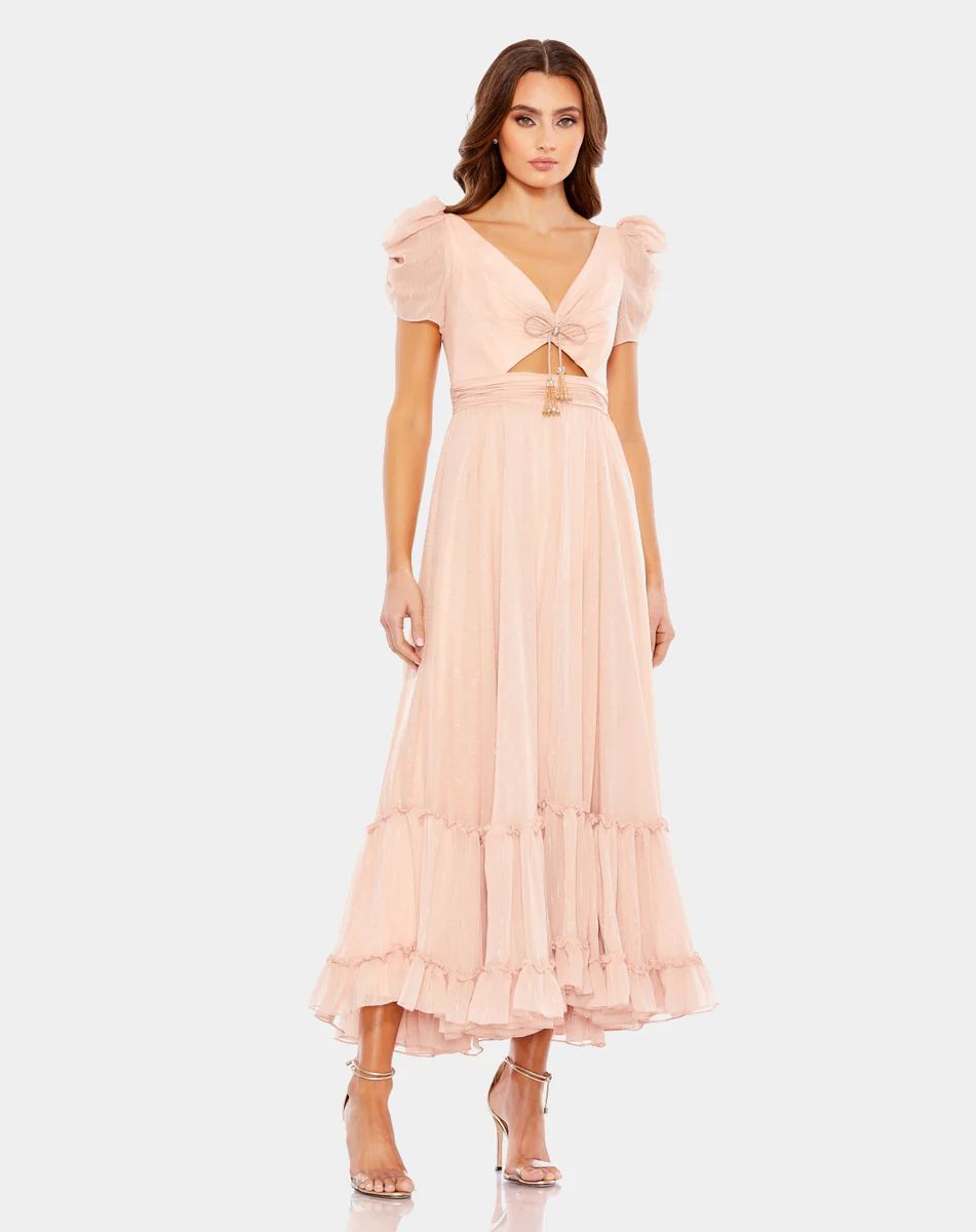 Ruffle Tiered Metallic Ruched Shoulder Dress | Lord & Taylor