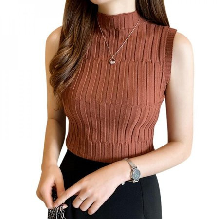Female T-Shirt Summer Black Solid Knit T Shirt Women Turtleneck Tee Tops Sleeveless Casual Tshirt Wo | Walmart (US)