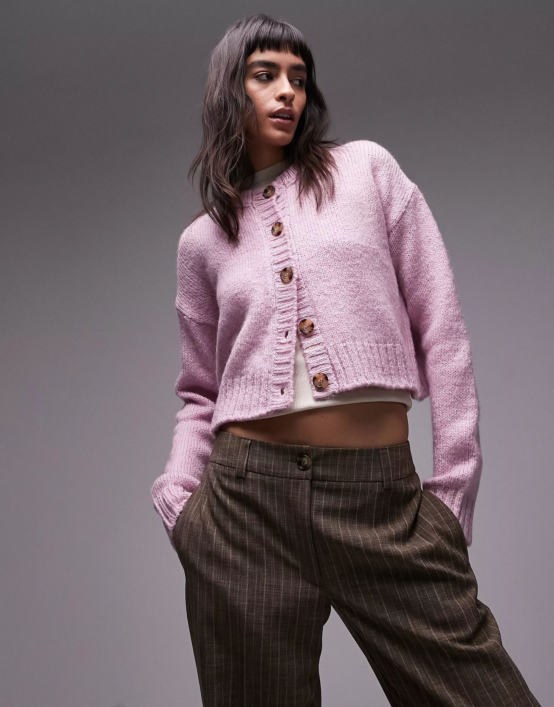 Topshop knitted crew neck cardigan in pink | ASOS (Global)