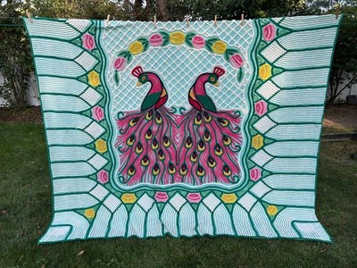 Vintage Double Peacock Chenille Bedspread Full Size 90”Across x 76”L Stains/hole | eBay US
