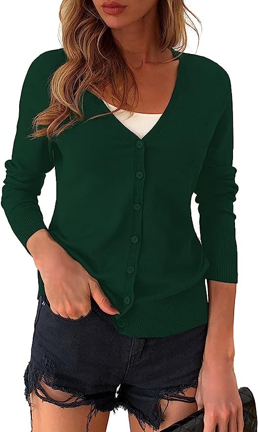 a.Jesdani suéter de punto suave de manga larga con cuello redondo y botones para mujer | Amazon (US)