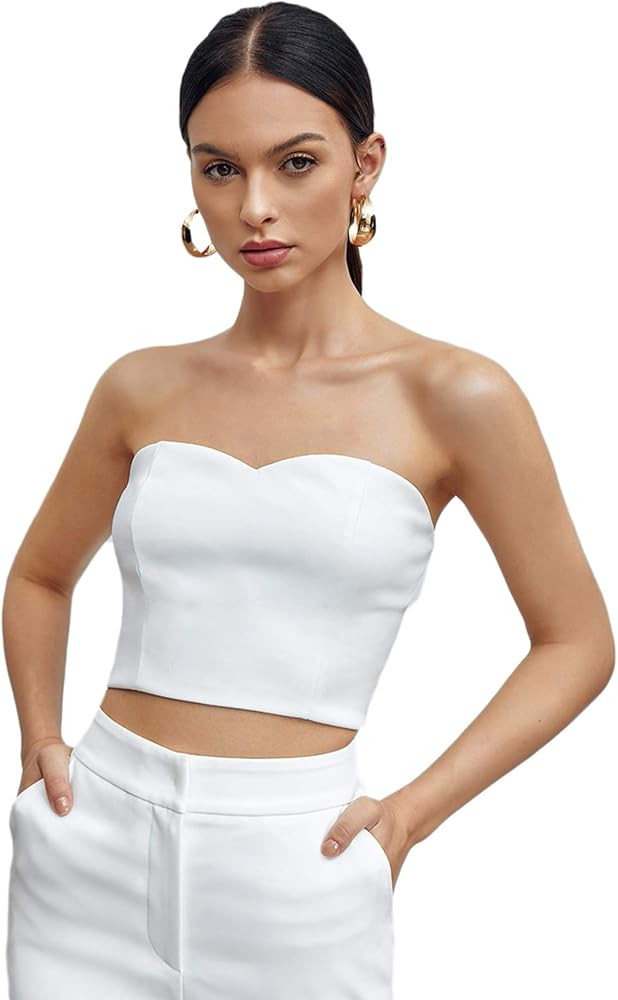 SheIn Women's Sexy Bandeau Top Strapless Sleeveless Bandeau Zip Back Tube Top | Amazon (US)
