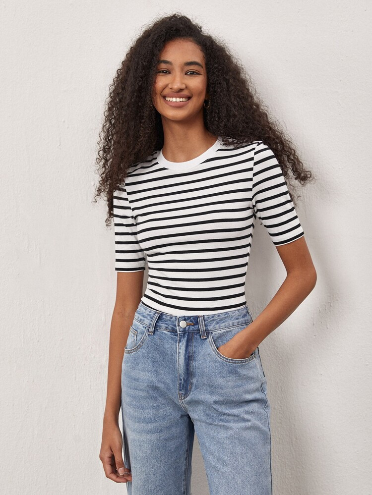 SHEIN BASICS Cotton Striped Print Tee | SHEIN
