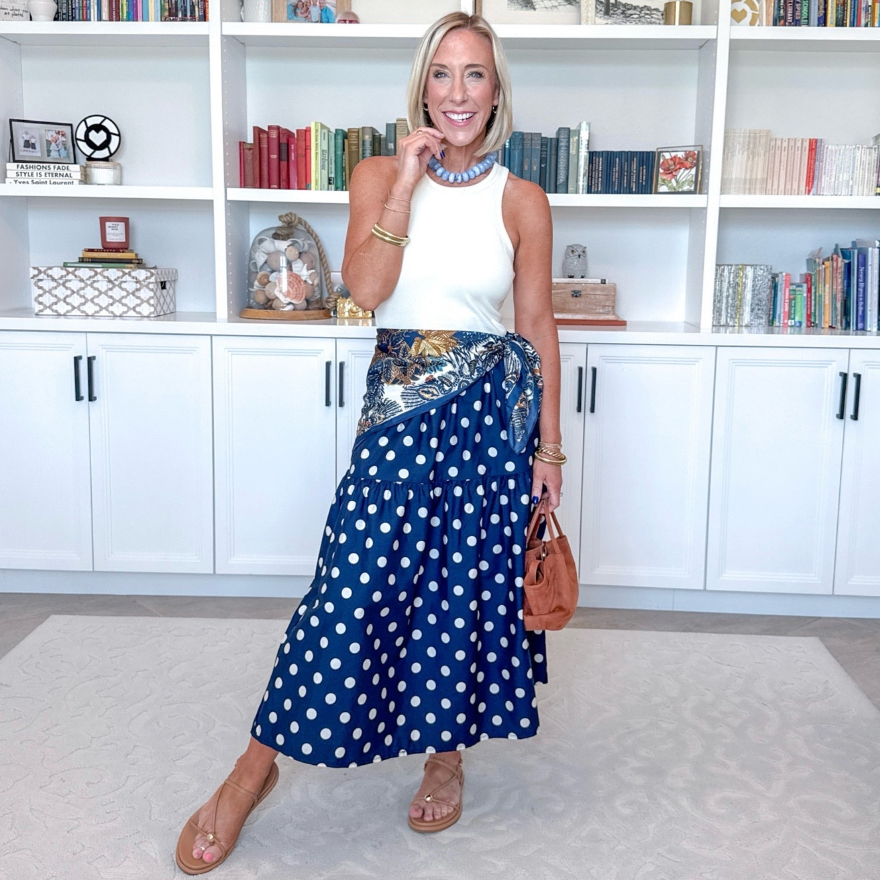 One polka skirt - styled 8 ways: • Midi skirt - size XS. Not lined but not see through. Elastic waistband and pockets! White tank w/ built in bra - size XS.

#LTKootd #LTKSeasonal #LTKOver40