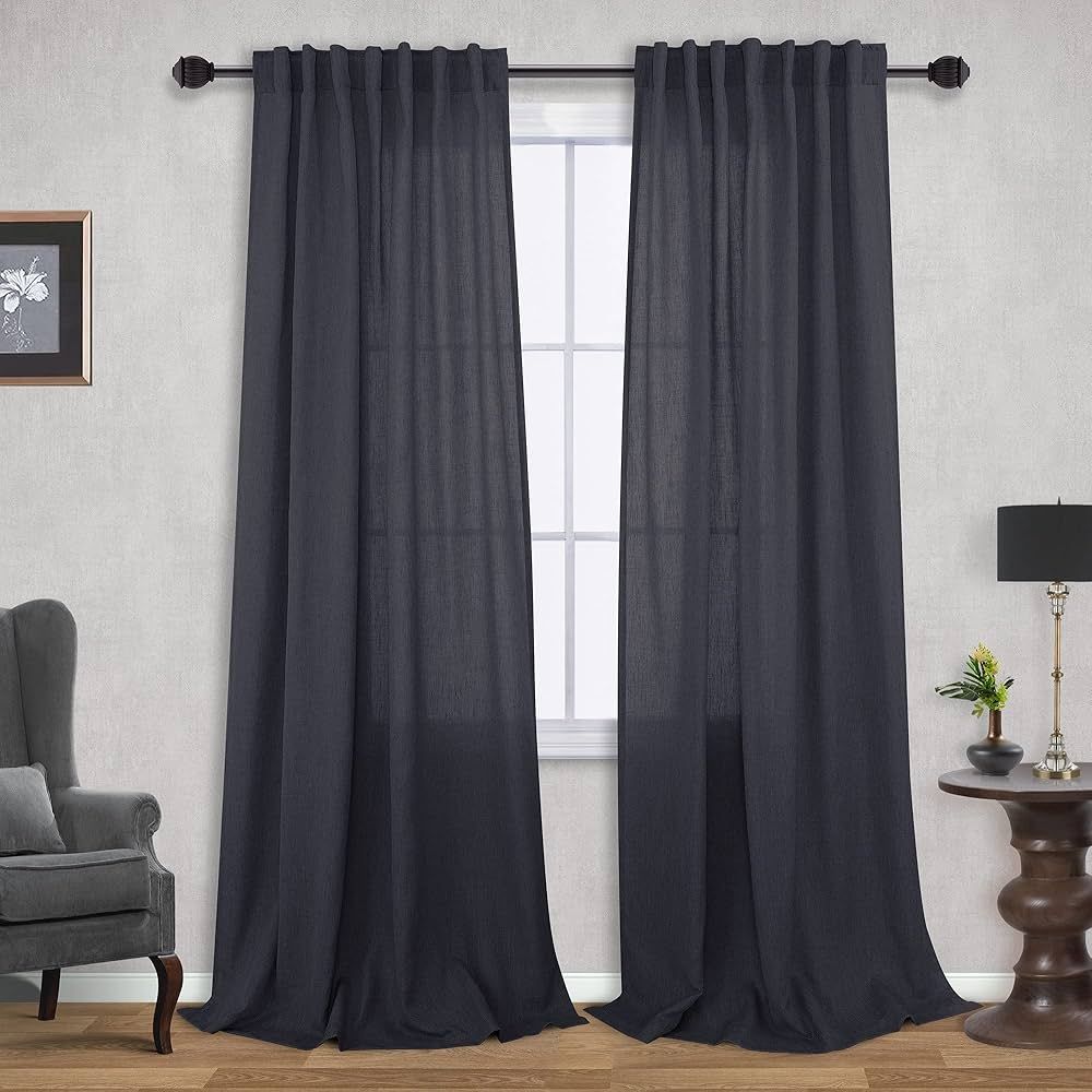 Dark Grey Flax Linen Curtains 84 Inches Long for Living Room Bedroom Home Office,Back Tab/Rod Poc... | Amazon (US)