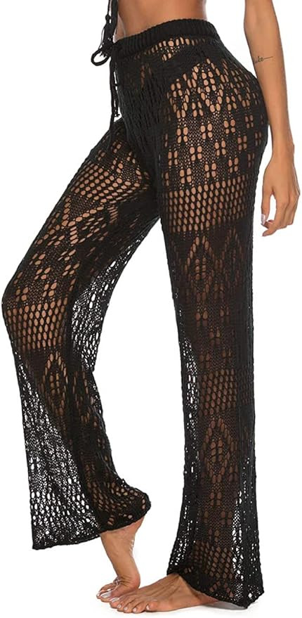 Jumppmile Womens Crochet Net Hollow Out Beach Pants Bathing Suit Bikini Swimsuit Cover Up Pants | Amazon (US)