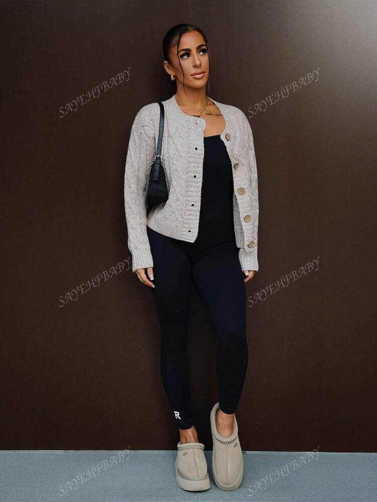 CA$35.78SAYEHFBABY Women's Loose Fit Solid Round Neck Long Sleeve Cardigan For Vacation,Long Slee... | SHEIN