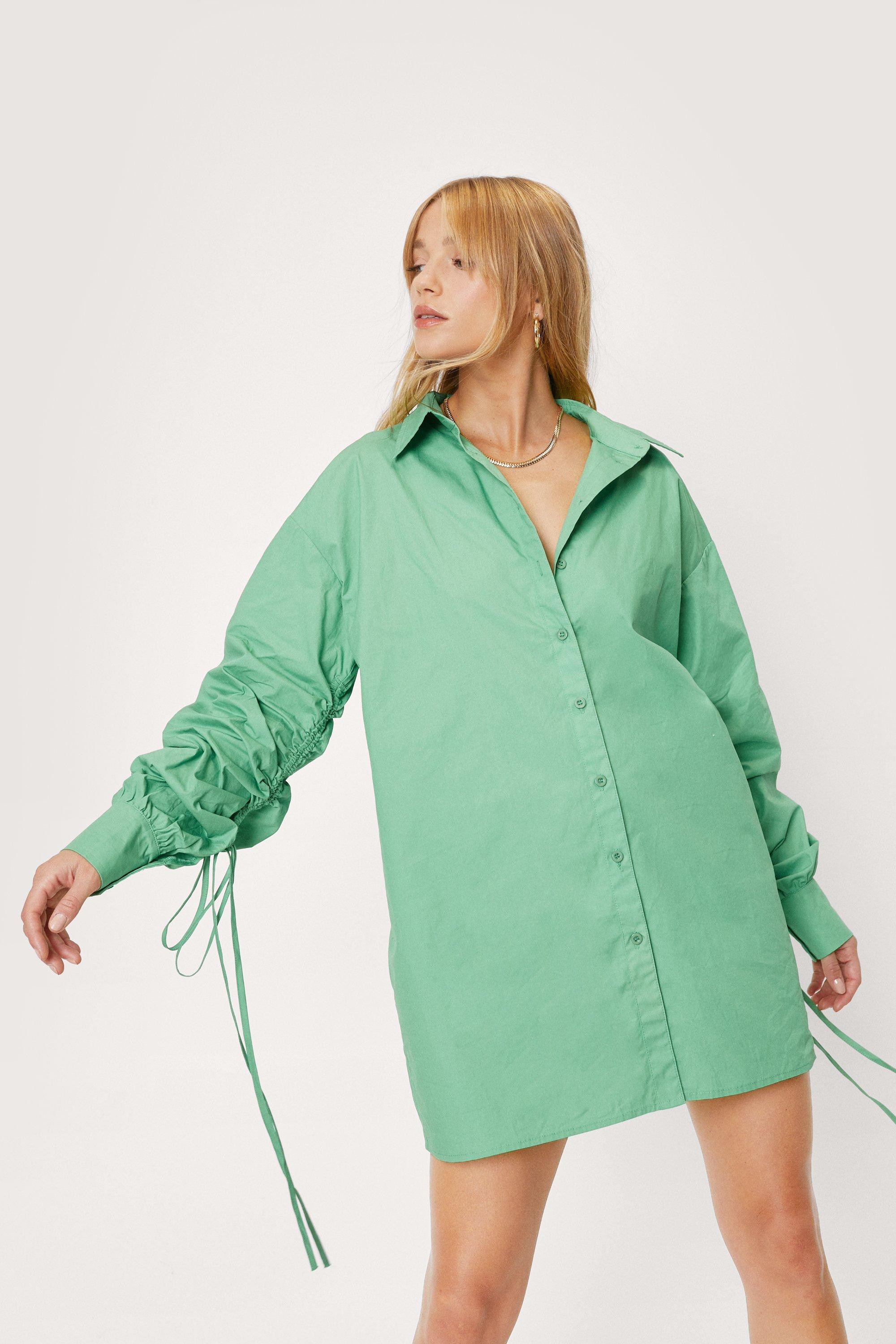 Womens Petite Ruched Sleeve Shirt Dress - Green - 2 | Nasty Gal (US)