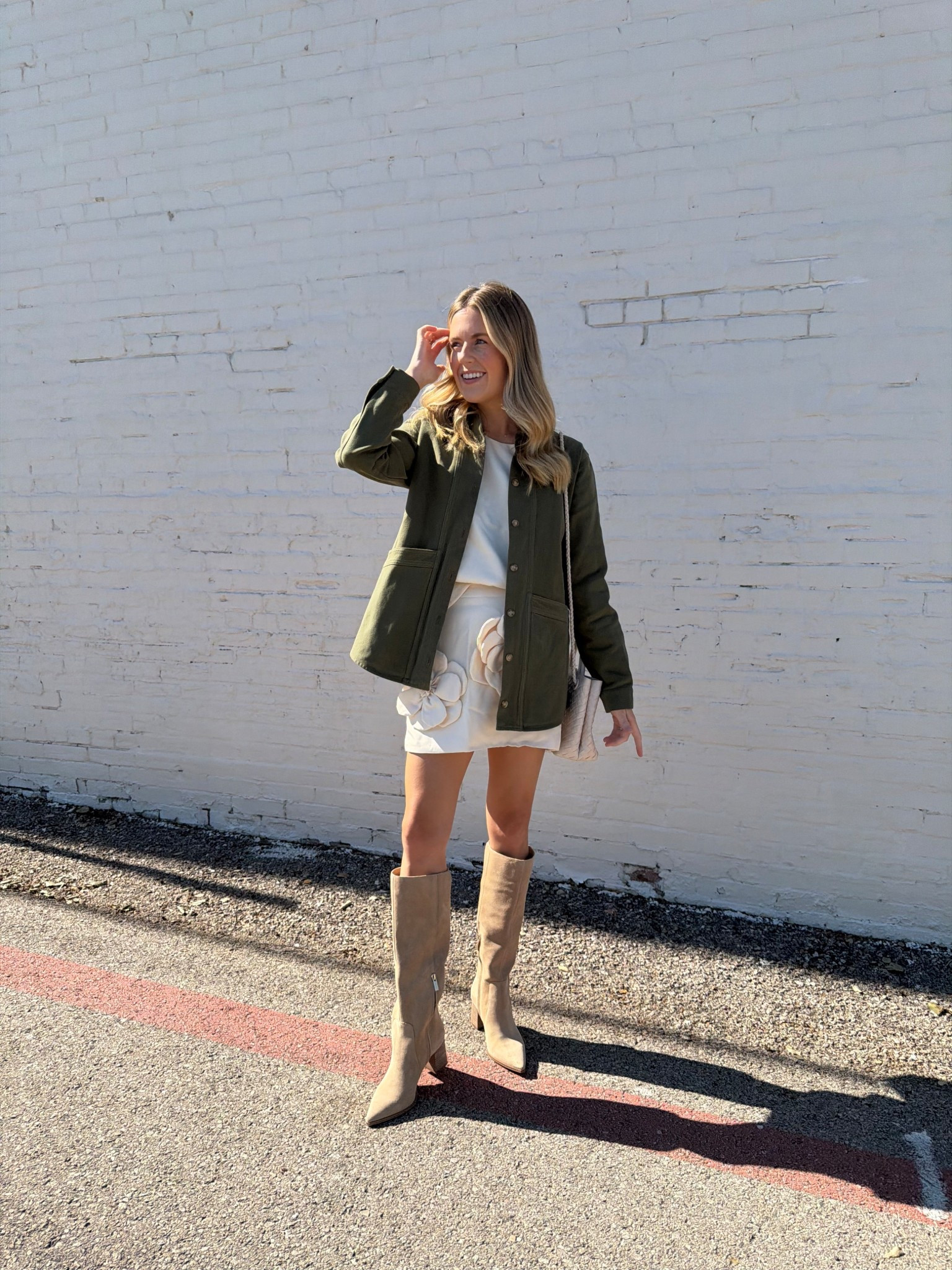 Cute fall outfit! Matching set with green utility jacket and tall boots