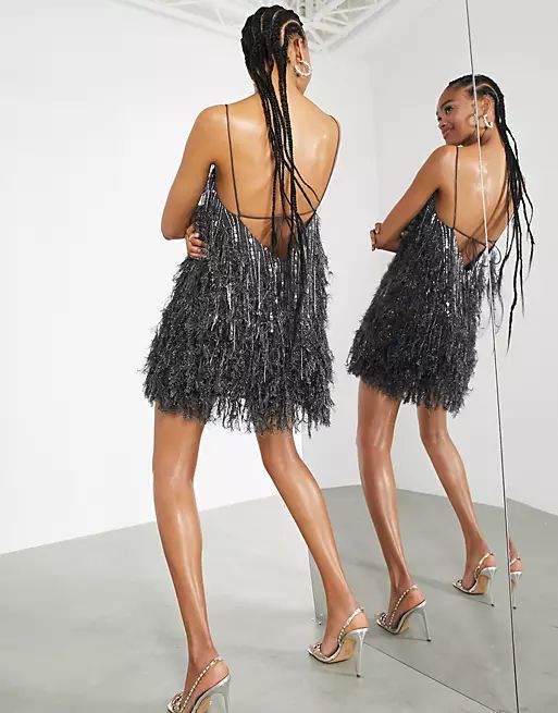 ASOS EDITION feather & sequin mini dress with low back in charcoal | ASOS (Global)