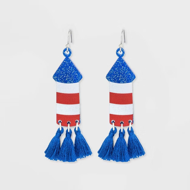 Americana Glitter Rocket with Tassel Drop Earrings - Red/Blue/White | Target