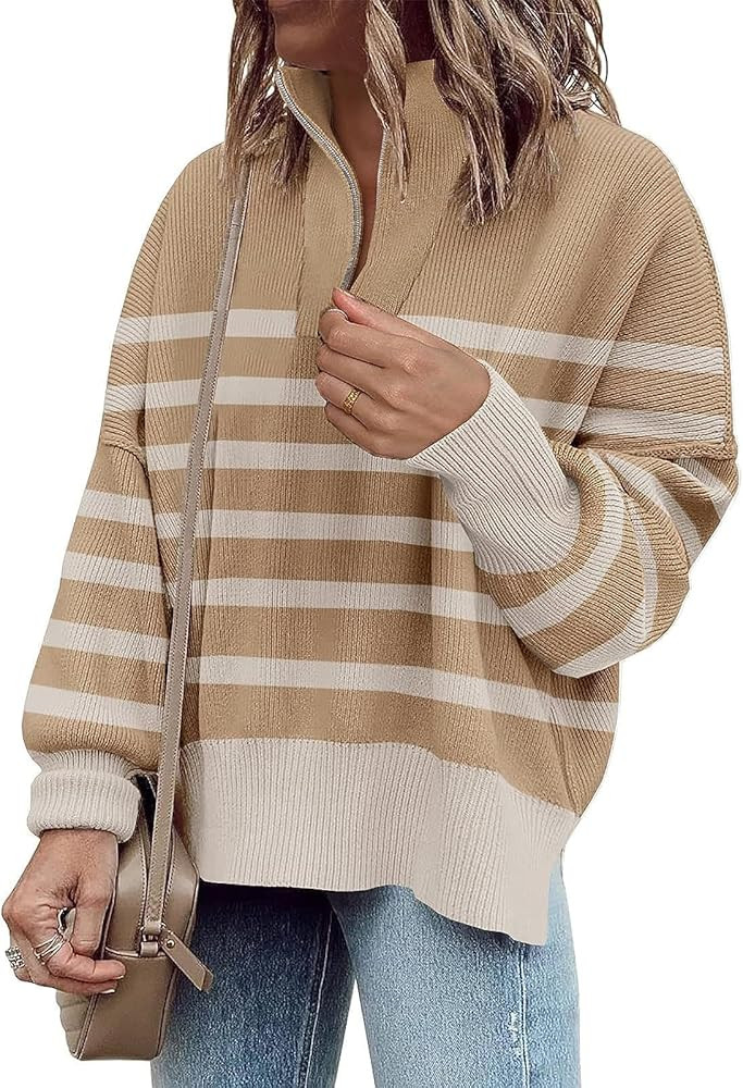Womens Sweaters Casual Zipper Neck Knit Tops Batwing Sleeve Oversized Sweatshirt Stripes Pullover... | Amazon (US)