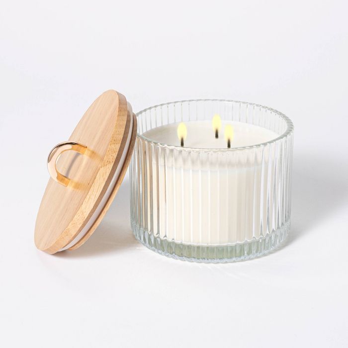 13oz Wood Lidded Ribbed Glass 3-Wick Mandarin Orange Blossom Candle - Threshold&#8482; designed w... | Target