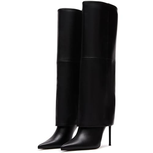 KaroNairy Black Fold Over Boots for Women Knee High Boot Pointed Toe Stiletto Heel Fashion Dress Tall Boots 9 | Amazon (US)
