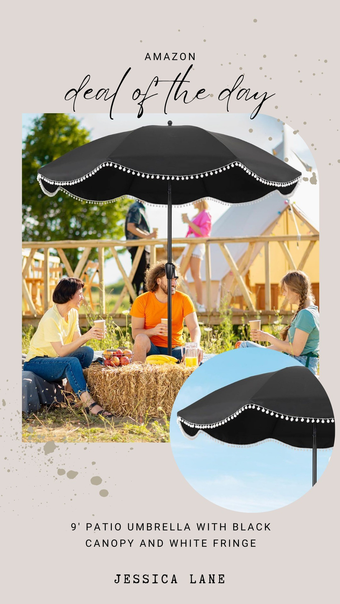 Create the perfect shaded oasis in your backyard with this chic nine-foot patio umbrella featuring a classic black canopy and elegant white fringe. It is the ultimate stylish upgrade for your outdoor summer gatherings.#patiofurniture #outdoorliving #amazondeals #summerstyle

#LTKSeasonal #LTKHome #LTKSaleAlert