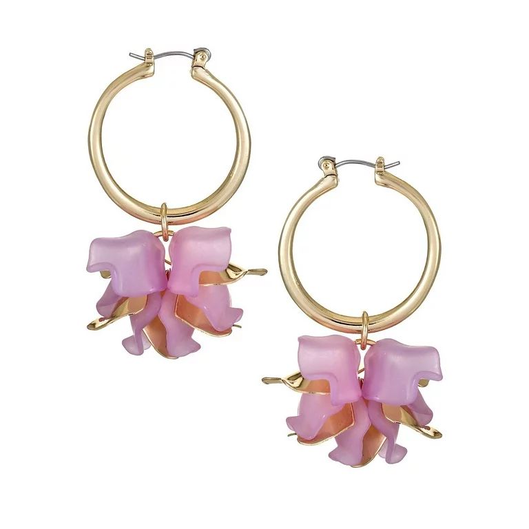 Time and Tru Women's Gold Tone Snap Lever Hoop Earring with Acrylic Flower, Purple - Walmart.com | Walmart (US)