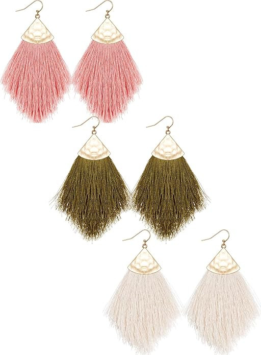 3 Pairs Bohemian Feather Tassel Drop Earrings Boho Silky Thread Fringe Hook Earrings Statement Dr... | Amazon (US)