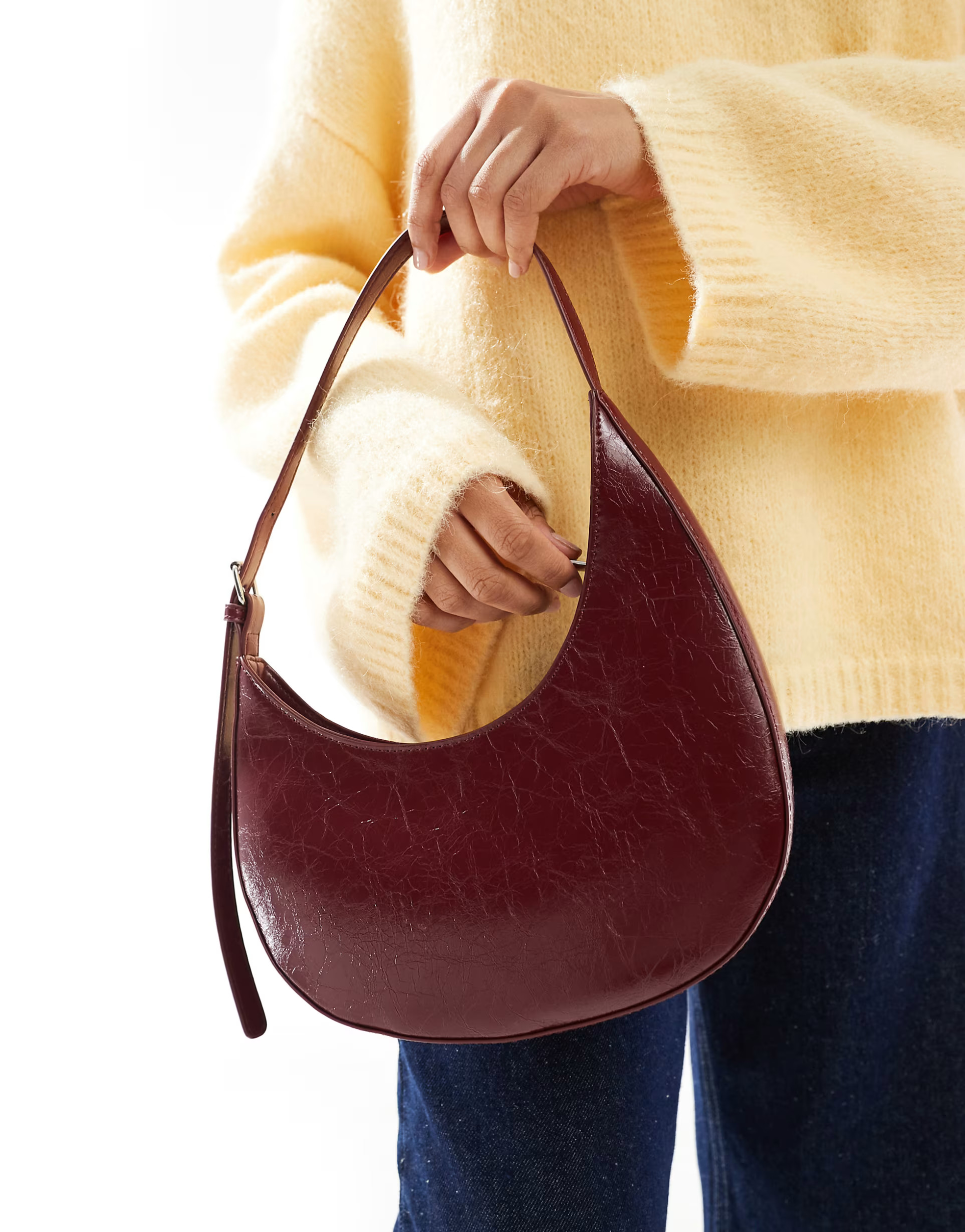 ASOS DESIGN asymmetric scoop shoulder bag with buckle detail in burgundy | ASOS (Global)