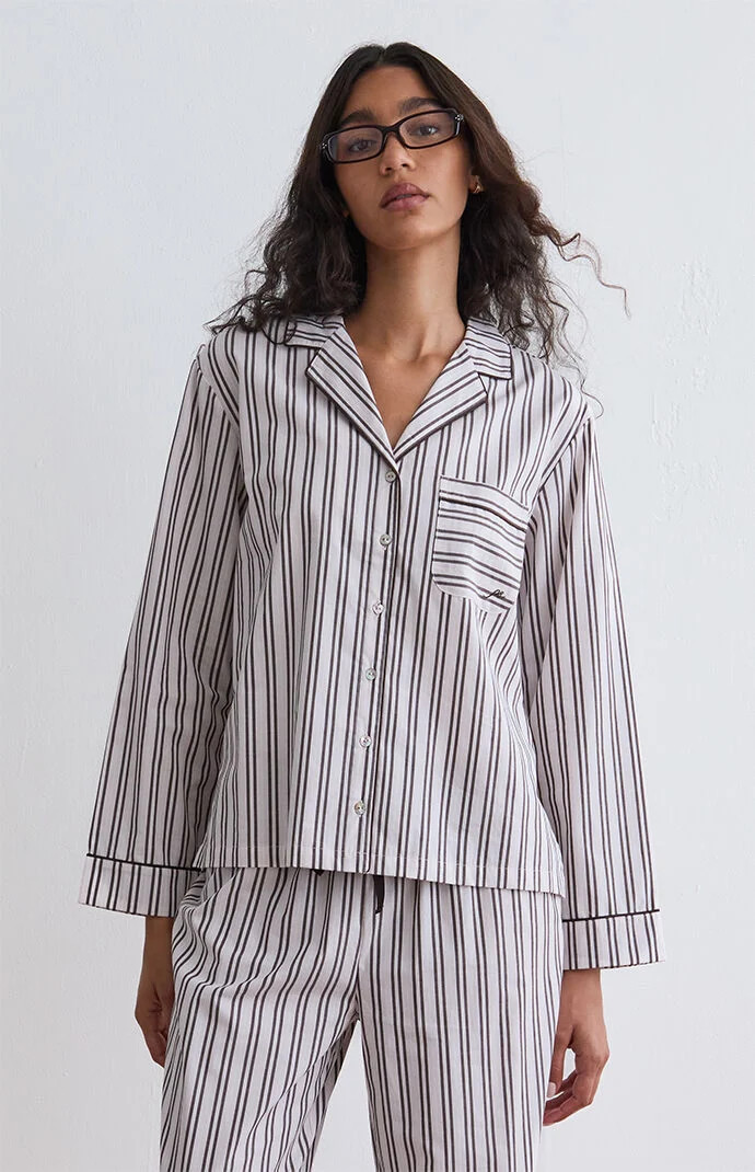 PS GOODNIGHT Women's Striped Long Sleeve Pajama Shirt in Pink - Size Small | PacSun
