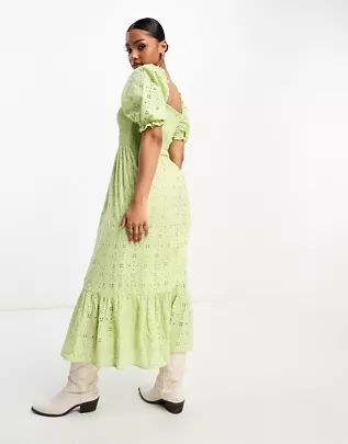 Miss Selfridge shirred broderie tiered maxi dress in green | ASOS | ASOS (Global)