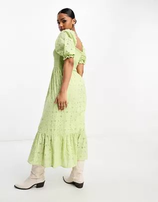 Miss Selfridge shirred broderie tiered maxi dress in green | ASOS | ASOS (Global)