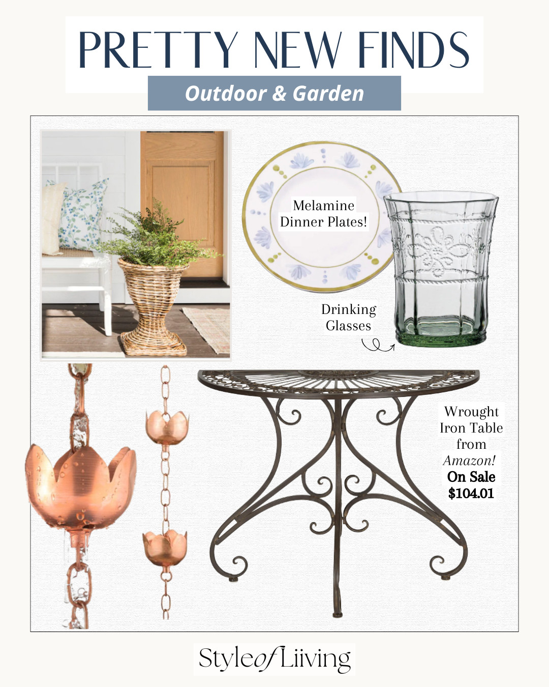Pretty new outdoor finds! Wrought iron table from Amazon that is on sale! Melamine dinner plates, drinking glasses, copper tulip rain chain, woven planter from Serena & Lily. #outdoor #furniture #table #rainchain #dinnerware #planter #patio  

 #LTKSeasonal #LTKHome #LTKSaleAlert