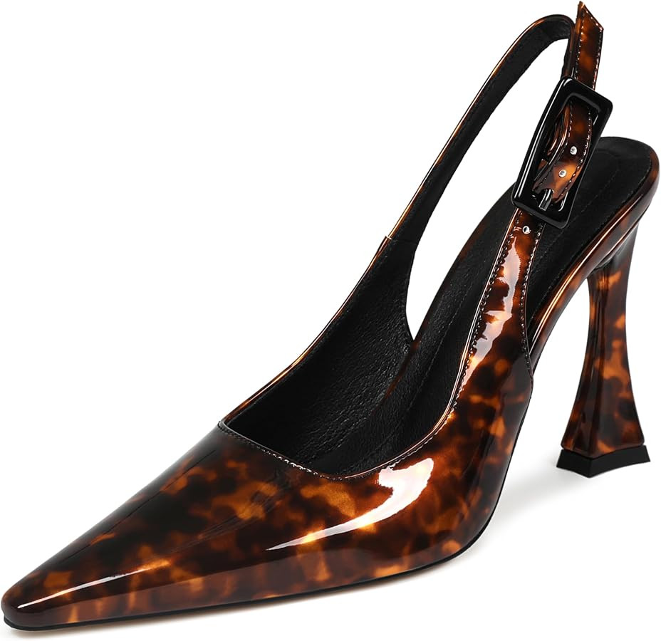 Women Slingback Pointed Toe Stiletto Pumps Slip-on Buckle Strap Patent High Heels Office Lady Cas... | Amazon (US)