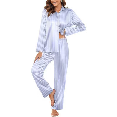 Ekouaer Classic Satin Pajamas for Women Long Sleeve Button Down Sleepwear Soft Silk Loungewear Pjs Set Striped Blue M | Target