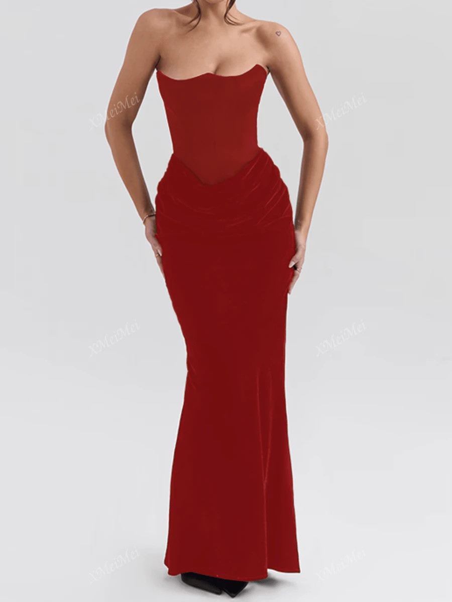 Elegant Celebrity Style Velvet Splicing Waist Tube Top Dress For Women | SHEIN