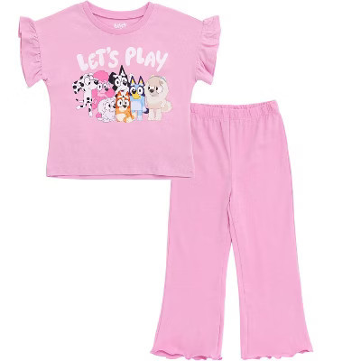 Bluey Little Girls T-Shirt and Ribbed Flare Leggings Outfit Set Pink Lavender Bluey Friends 7-8 | Target