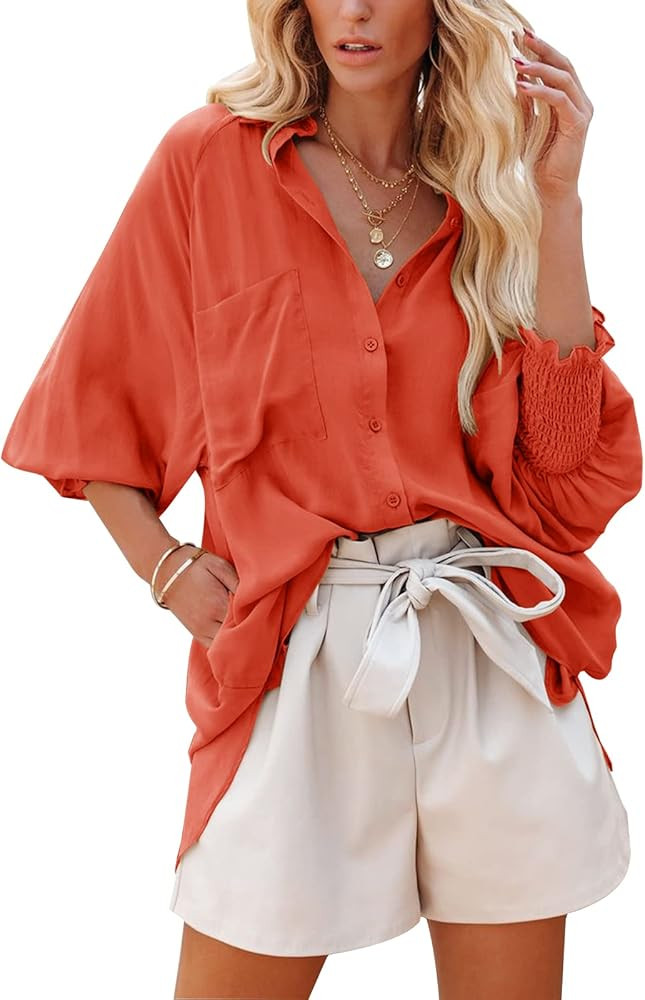 Saodimallsu Womens Oversized V Neck Button Down Shirts Casual Boyfriend Puff Long Sleeve Shirt Tops  | Amazon (US)