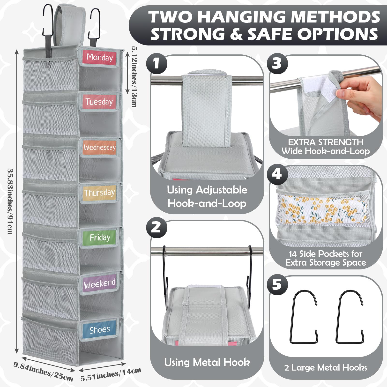 2 Pack 7 Shelf Weekly Clothes Organizer Hanging Closet for Kids with Side Pockets Weekday Shoes R... | Amazon (US)