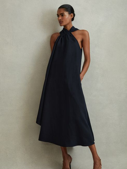 Reiss Navy Cosette Linen Blend Drape Midi Dress | Reiss UK