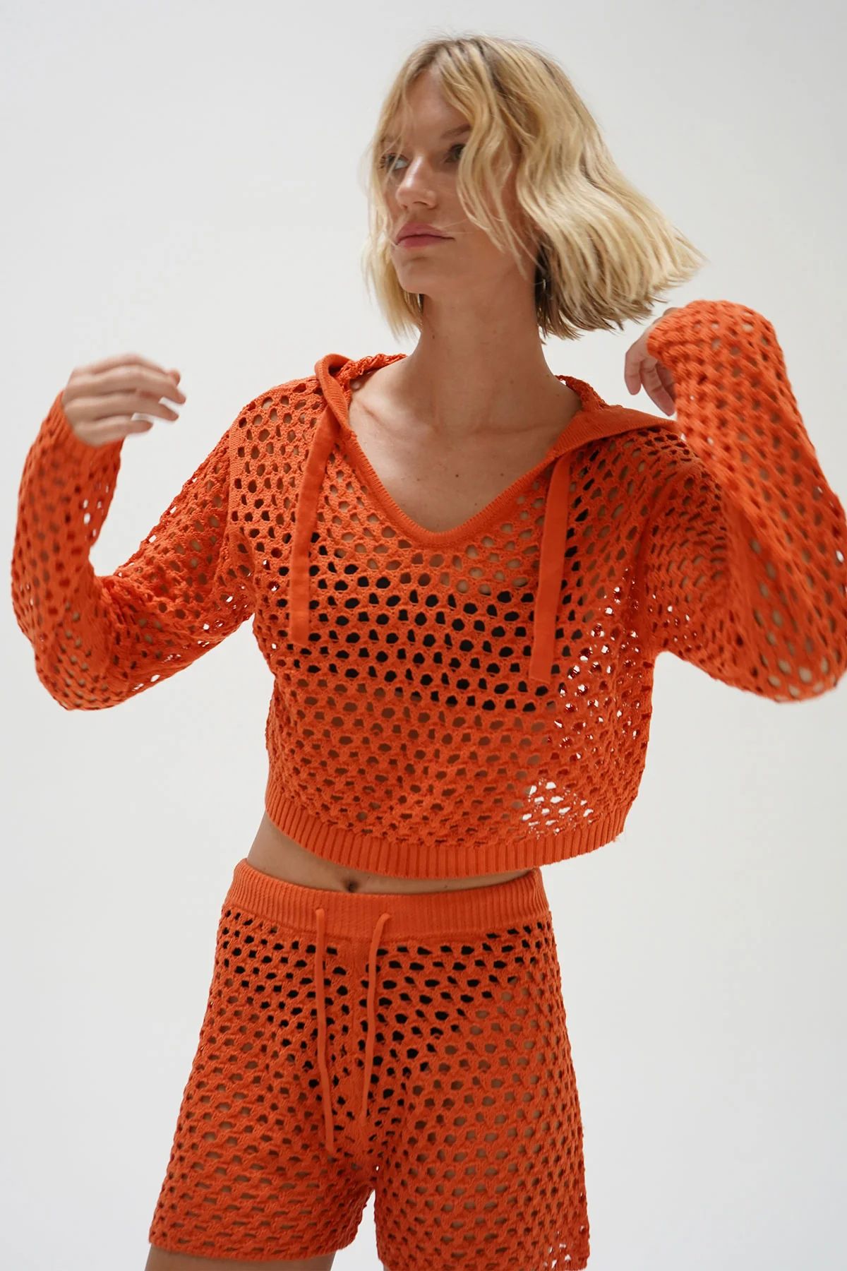 LNA Cari Open Knit Hoodie in Summer Coral | LNA Clothing