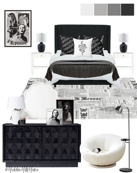 Taylor Swift bedroom mood board, Reputation Era bedroom design, black and white Taylor Swift bedroom decor #TaylorSwift

#LTKhome #LTKkids #LTKsalealert