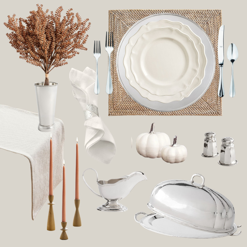 Modern rustic Thanksgiving tablescape idea with elegant dinnerware, silver serveware, and touches of warm orange hues. 

 #LTKHoliday #LTKSeasonal #LTKHome