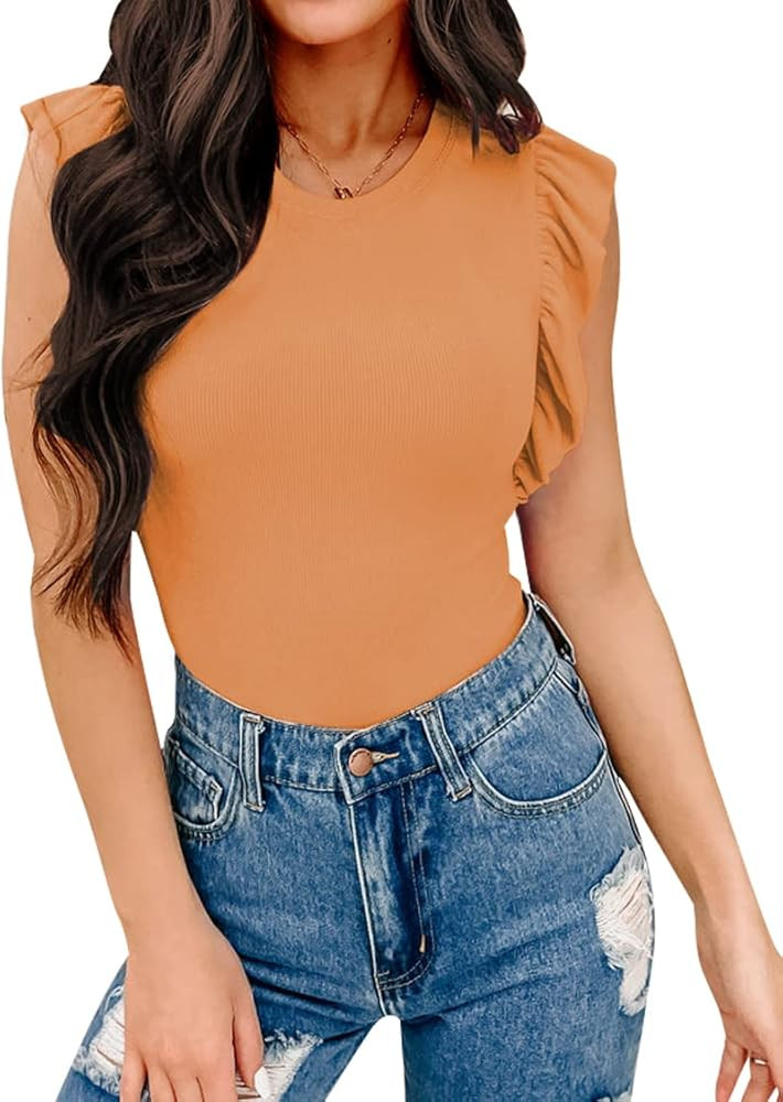 WAYMAKER Women's Sleeveless Crew Neck Ribbed Ruffle Bodysuit Tank Tops | Amazon (US)