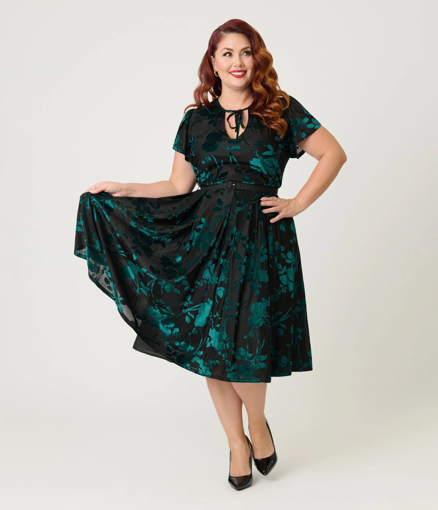 Unique Vintage Plus Size Teal Floral Velvet Burnout Dahlia Swing Dress | Unique Vintage - North America