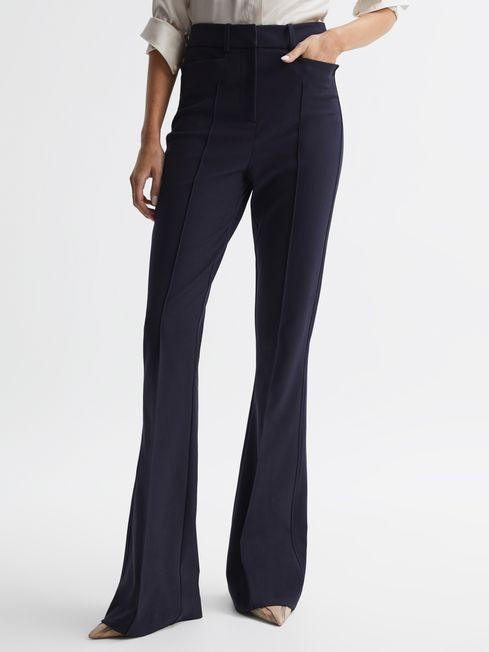 Reiss Navy Dylan Flared High Rise Trousers | Reiss UK