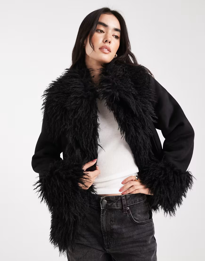 ASOS DESIGN penny lane faux fur trim coat in black | ASOS (Global)