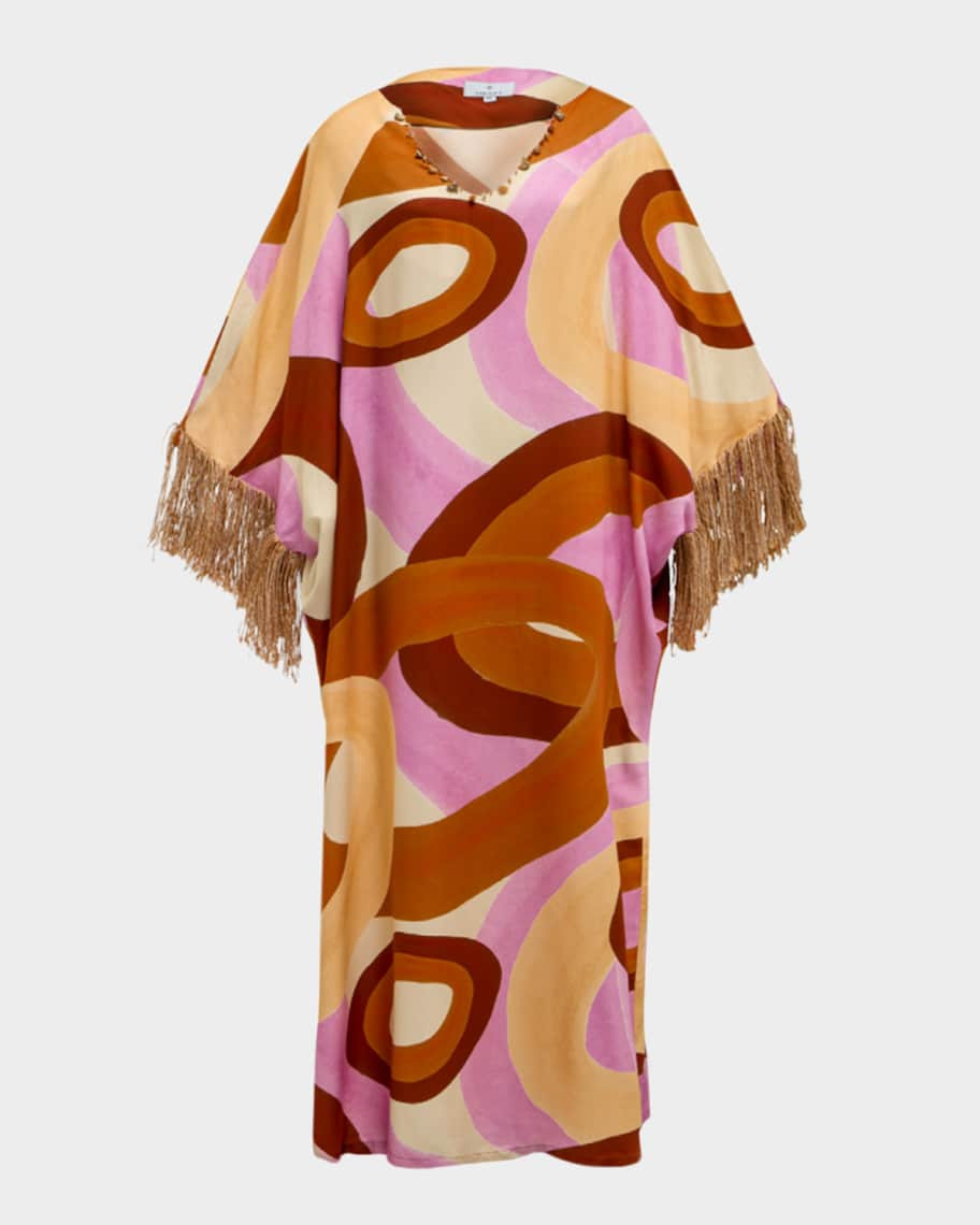 THEMIS Z Terra Geometric-Print Fringe Caftan | Neiman Marcus